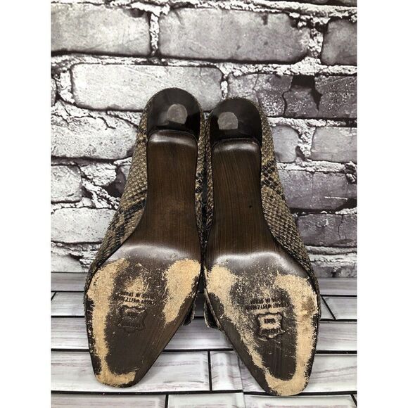 Stuart Weitzman Brown Taupe Leather Python Square Toe Buckle Heels Women Sz 8.5M - Picture 12 of 16